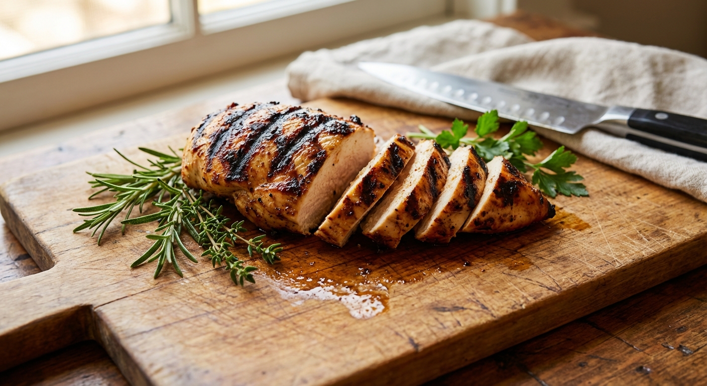 A sliced grilled chicken breast on a cutting board with visible grill marks and a small pile of herbs nearby, photorealistic food photography