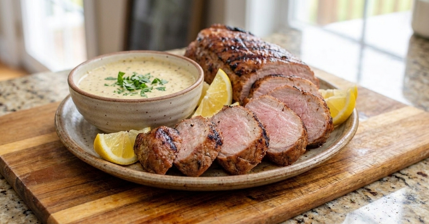 A sliced grilled pork tenderloin with grill marks arranged on a platter with a small bowl of mustard herb sauce and lemon wedges on a wooden table