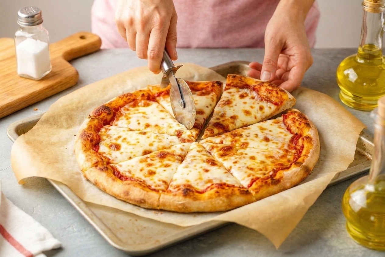 A sliced homemade cheese pizza with browned edges resting on a baking sheet on a kitchen counter