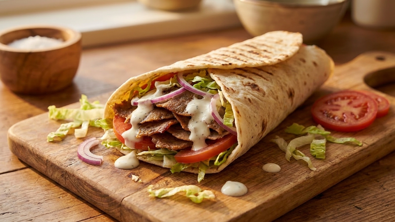 A sliced homemade doner meat wrap on a wooden cutting board with shredded lettuce, sliced tomatoes, onions, and a drizzle of white garlic sauce, warm kitchen lighting
