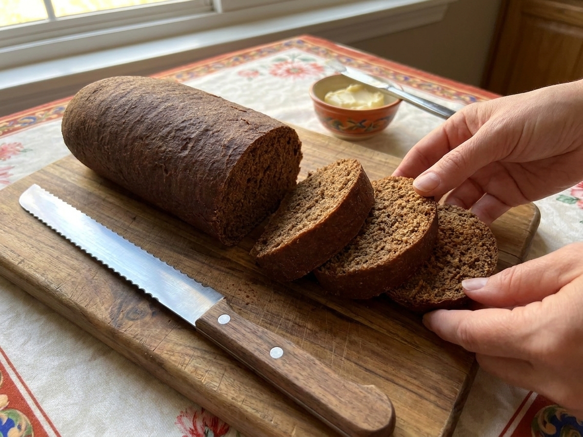 A sliced homemade pumpernickel loaf on a wooden cutting board with a bread knife and a few slices fanned out, warm kitchen light