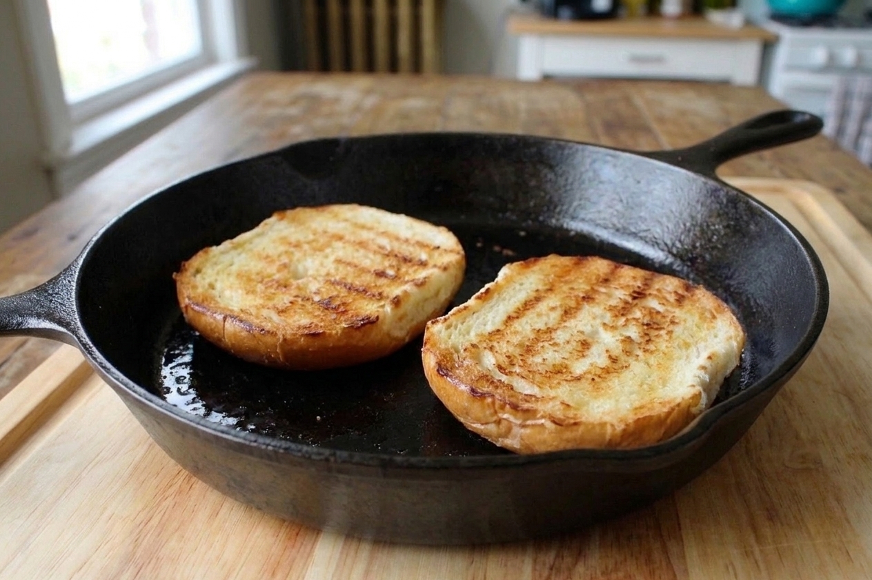 A sliced kaiser roll toasting cut-side down in a skillet with golden brown marks