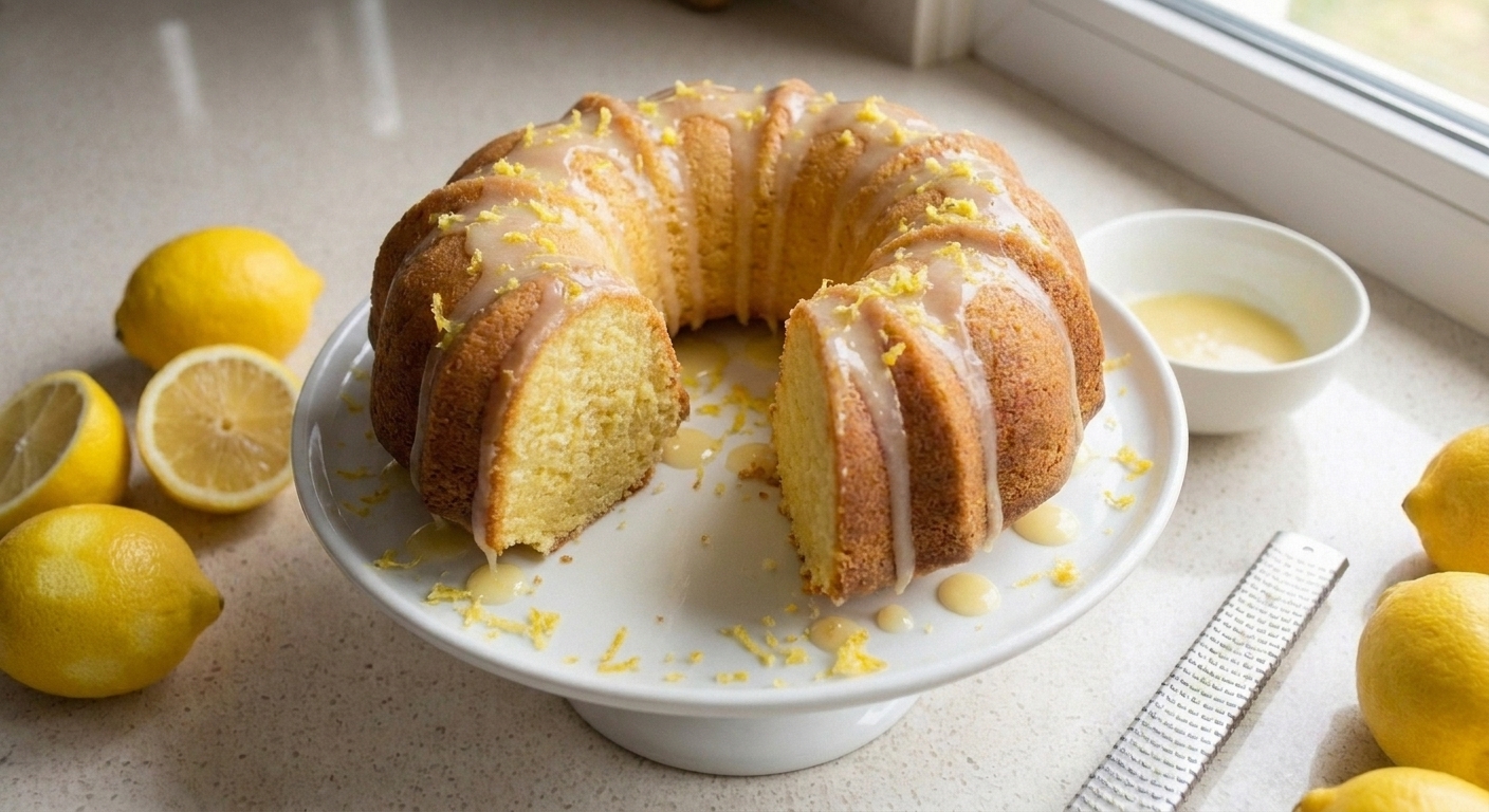 A sliced lemon Bundt cake on a cake stand with shiny lemon glaze dripping down the ridges, lemon zest scattered on top, and a few lemon halves on a neutral kitchen counter in soft natural light