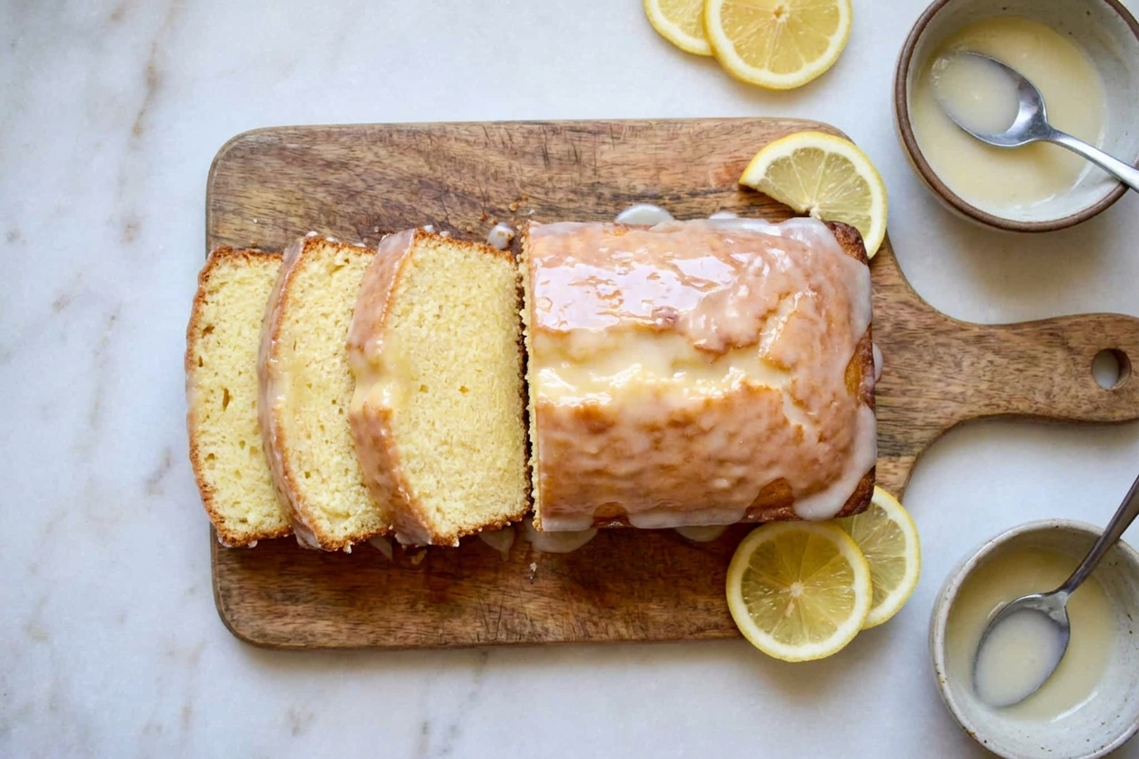 A sliced lemon pound cake loaf on a wooden cutting board with a glossy lemon glaze and a few lemon slices nearby on a bright kitchen counter