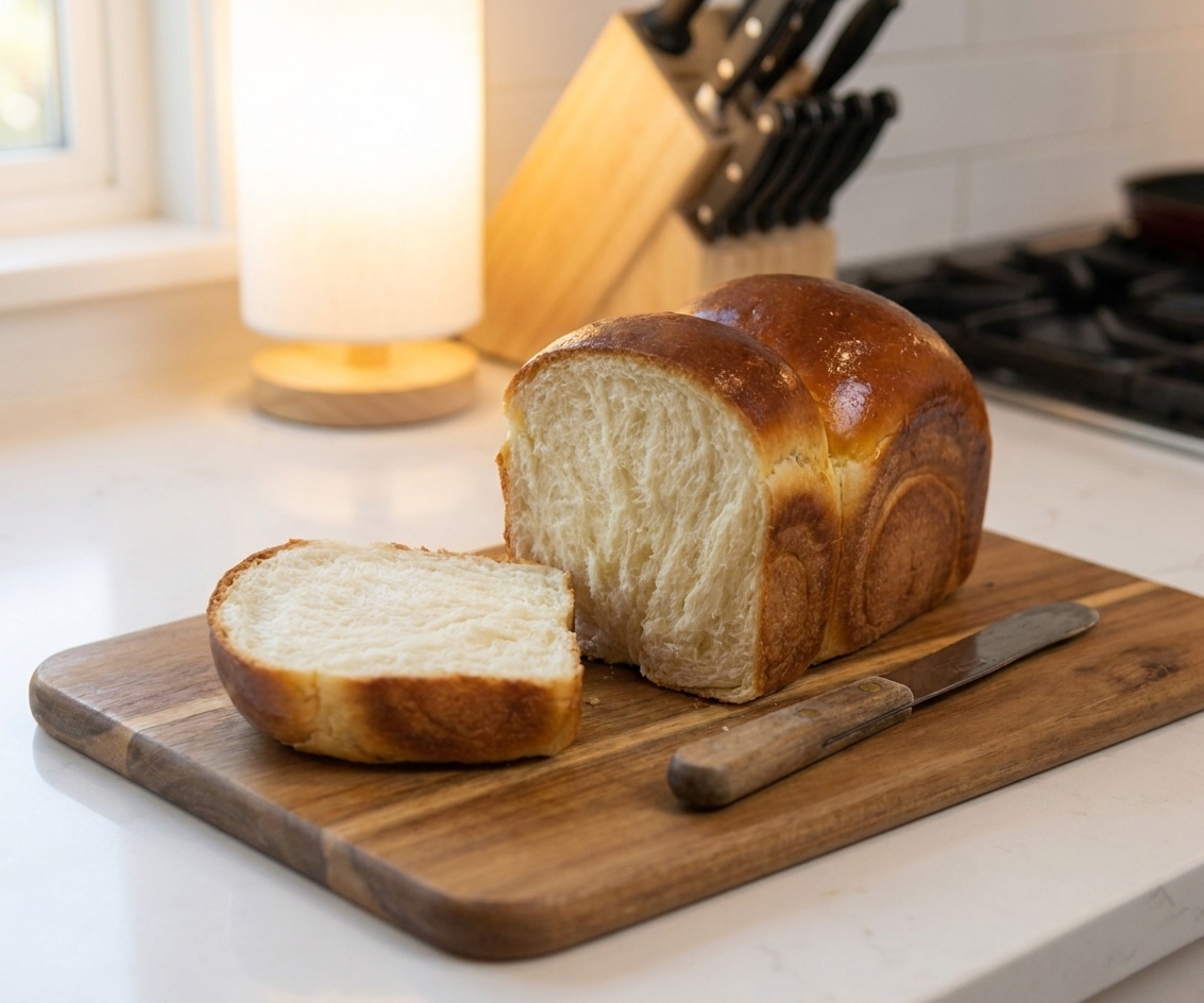 A sliced loaf of Japanese milk bread showing a soft, fluffy crumb on a cutting board beside a butter knife