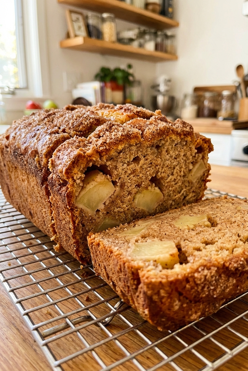 A sliced loaf of apple bread on a cooling rack with visible apple chunks and a crunchy cinnamon sugar crust