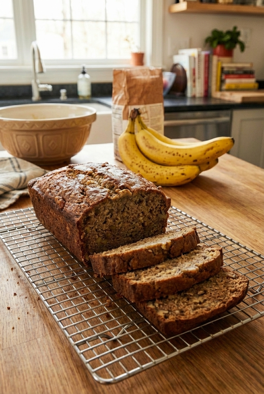 A sliced loaf of banana bread cooling on a wire rack in a home kitchen