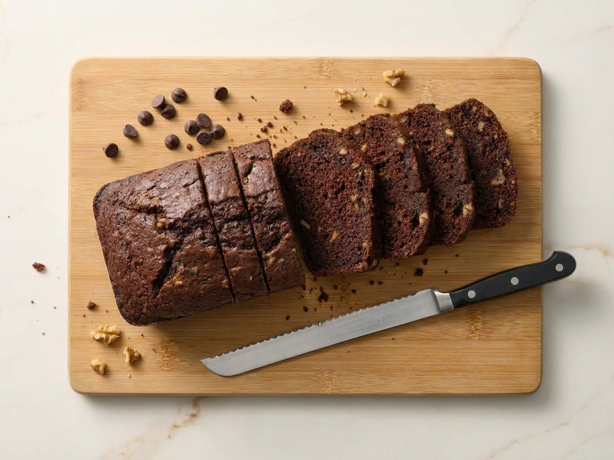 A sliced loaf of chocolate zucchini bread on a wooden cutting board with a few chocolate chips scattered nearby on a tidy kitchen counter.