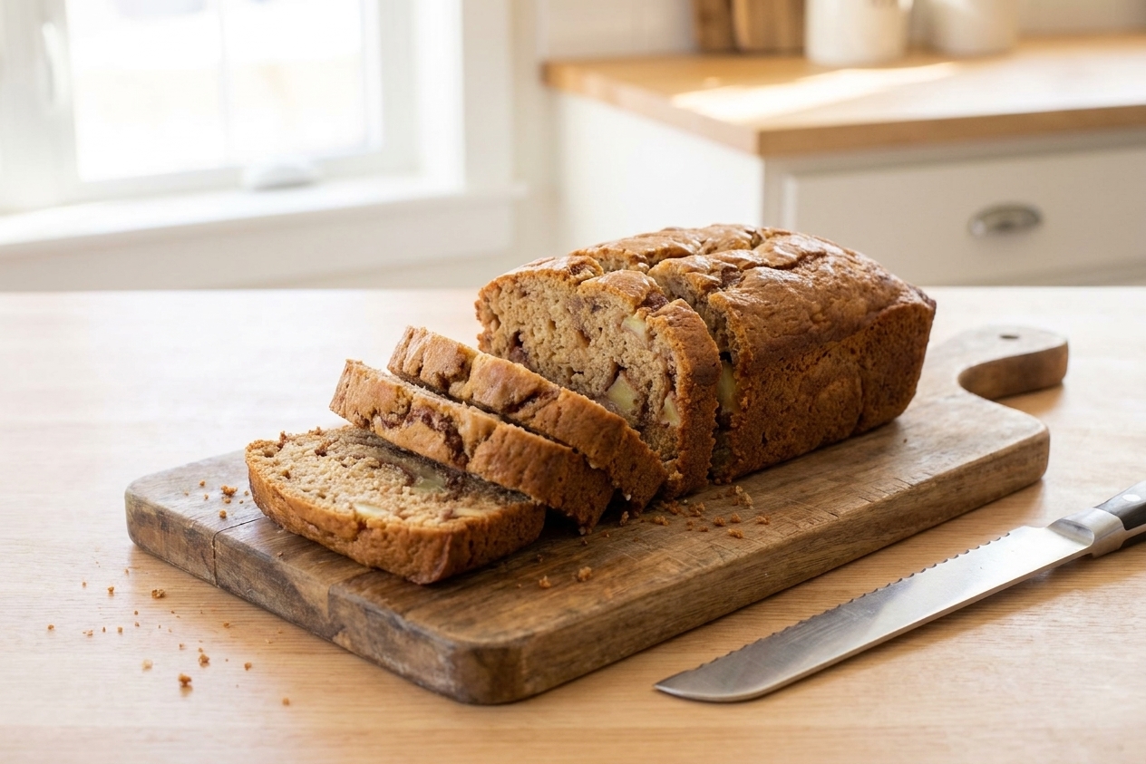 A sliced loaf of cinnamon applesauce bread on a wooden cutting board with a few crumbs scattered, soft kitchen light