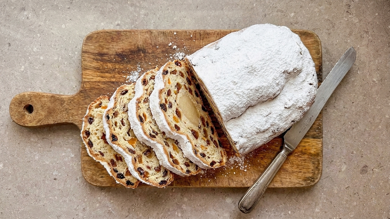 A sliced loaf of classic German stollen on a wooden cutting board, heavily dusted with powdered sugar, with visible dried fruit and a ribbon of marzipan in the center