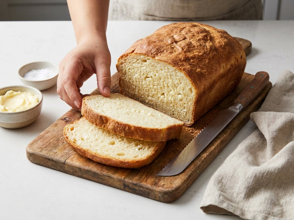 A sliced loaf of cottage cheese bread on a wooden cutting board with a golden crust and soft, tender crumb in a bright home kitchen