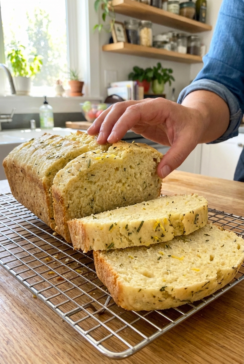 A sliced loaf of herb lemon bread showing a soft crumb with green herb flecks on a cooling rack in a bright kitchen