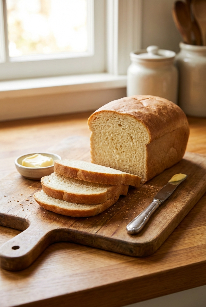 A sliced loaf of homemade sandwich bread on a cutting board with a butter knife and softened butter nearby
