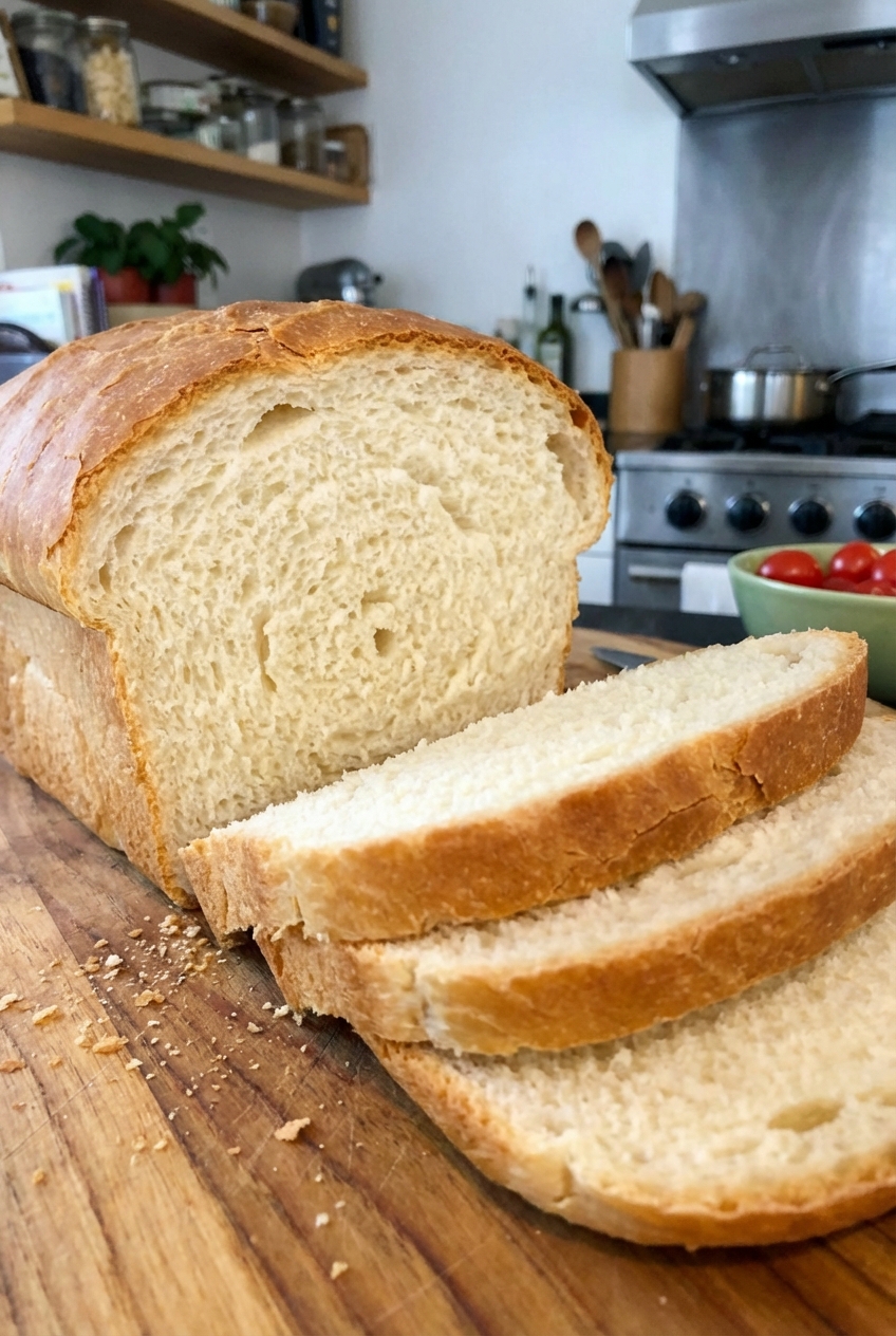 A sliced loaf of homemade white bread showing a soft, fluffy crumb