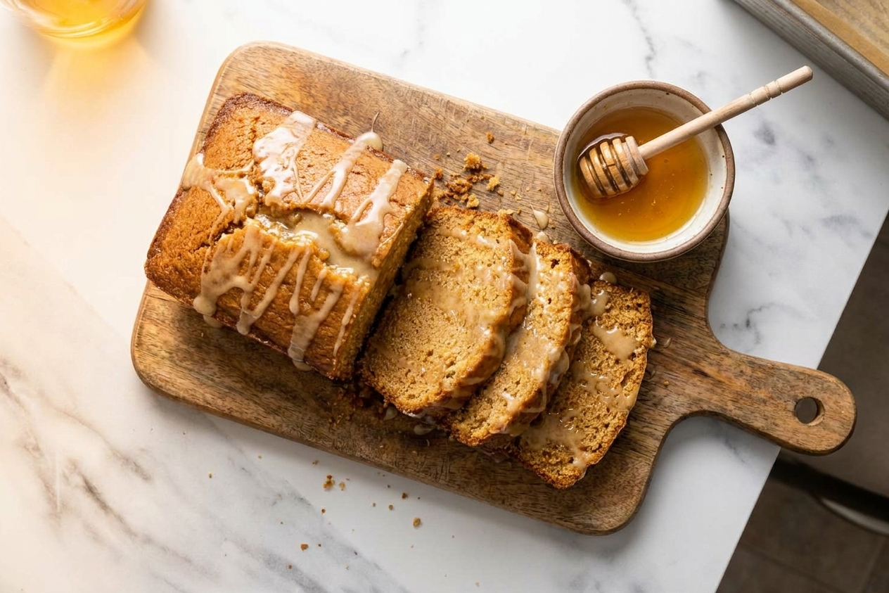 A sliced loaf of honey cake on a wooden cutting board with a light honey glaze, crumbs scattered, and a small bowl of honey nearby on a warm kitchen counter