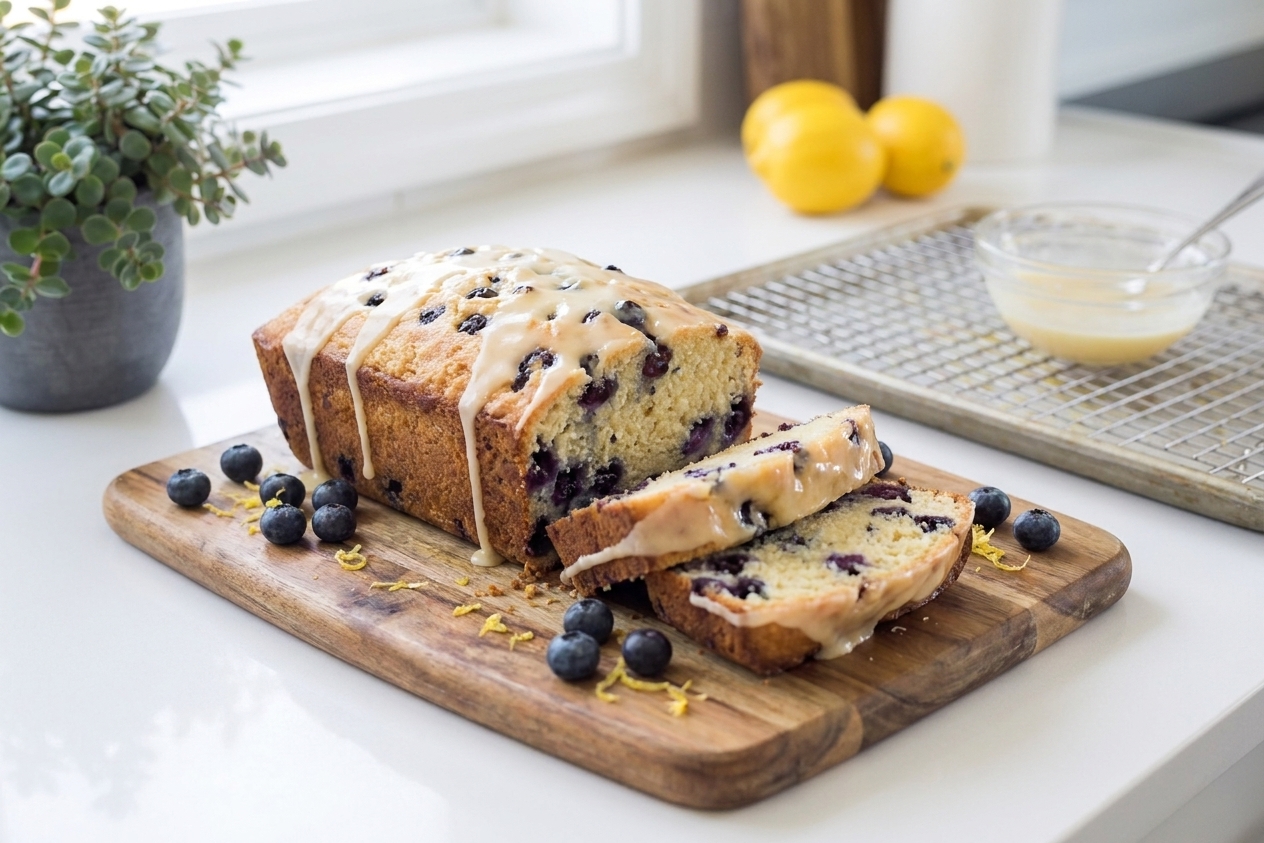 A sliced loaf of lemon blueberry bread with a glossy lemon glaze on top, sitting on a wooden cutting board on a bright kitchen counter