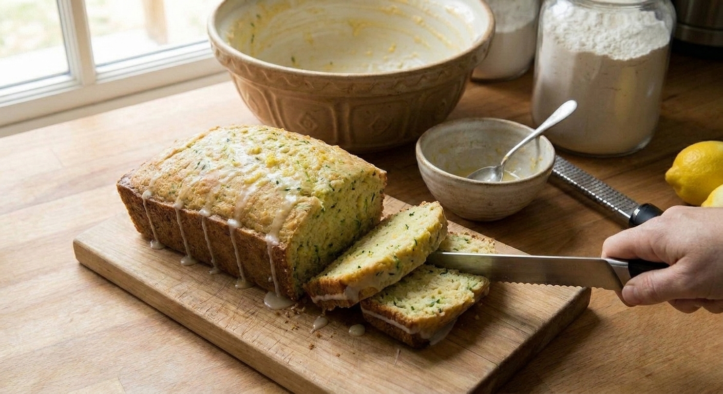 A sliced loaf of lemon zucchini bread on a wooden cutting board with visible green zucchini flecks and a thin lemon glaze dripping down the sides