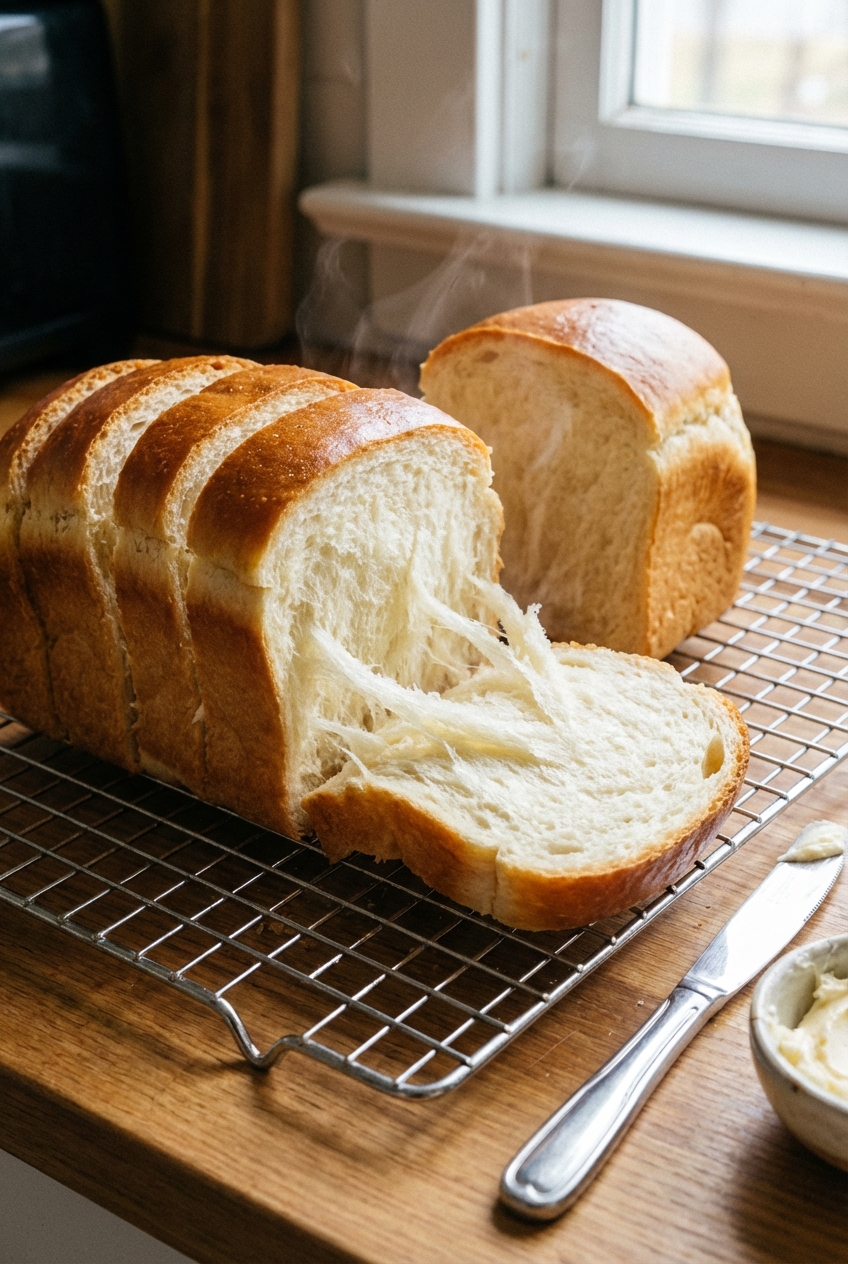 A sliced loaf of milk bread showing a fluffy, shreddable interior on a cooling rack