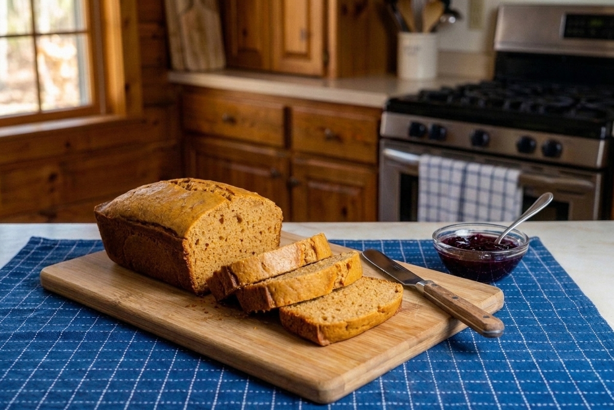 A sliced loaf of peanut butter bread on a wooden cutting board with a butter knife and a small dish of jam