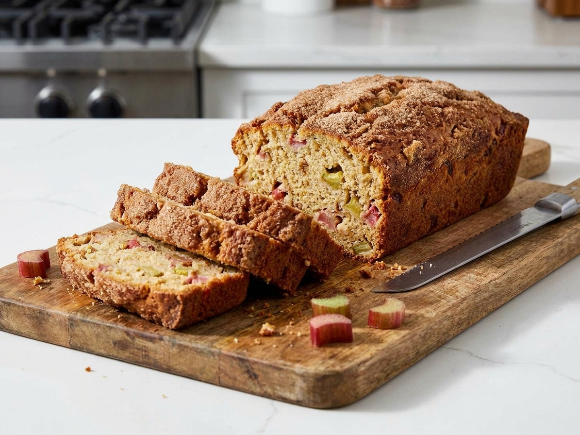A sliced loaf of rhubarb quick bread on a wooden cutting board with visible pink rhubarb pieces and a crackly cinnamon sugar top in soft kitchen light