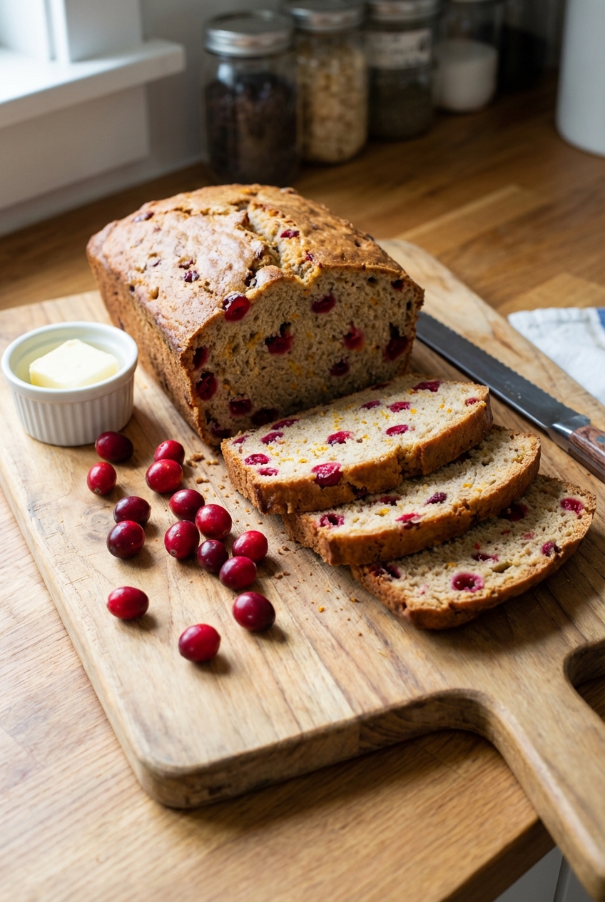 A sliced loaf of spiced cranberry bread on a wooden cutting board with scattered fresh cranberries and a pat of butter nearby
