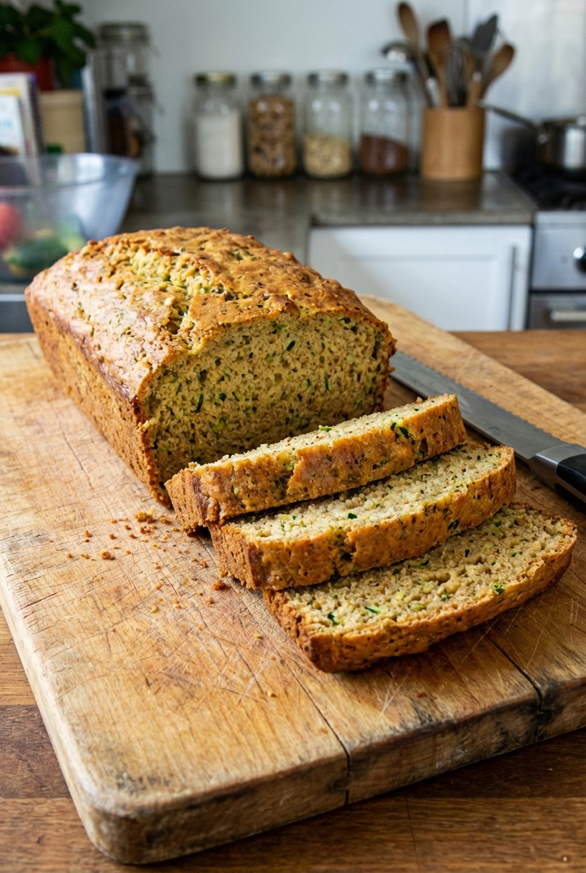 A sliced loaf of spiced savory zucchini bread on a wooden cutting board with visible green zucchini flecks and a golden brown crust