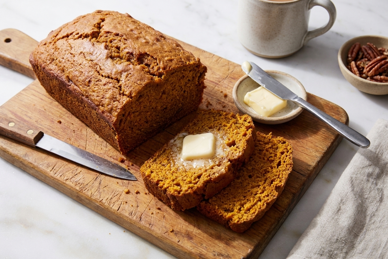 A sliced loaf of sweet potato bread on a wooden cutting board with a pat of butter nearby, warm kitchen light