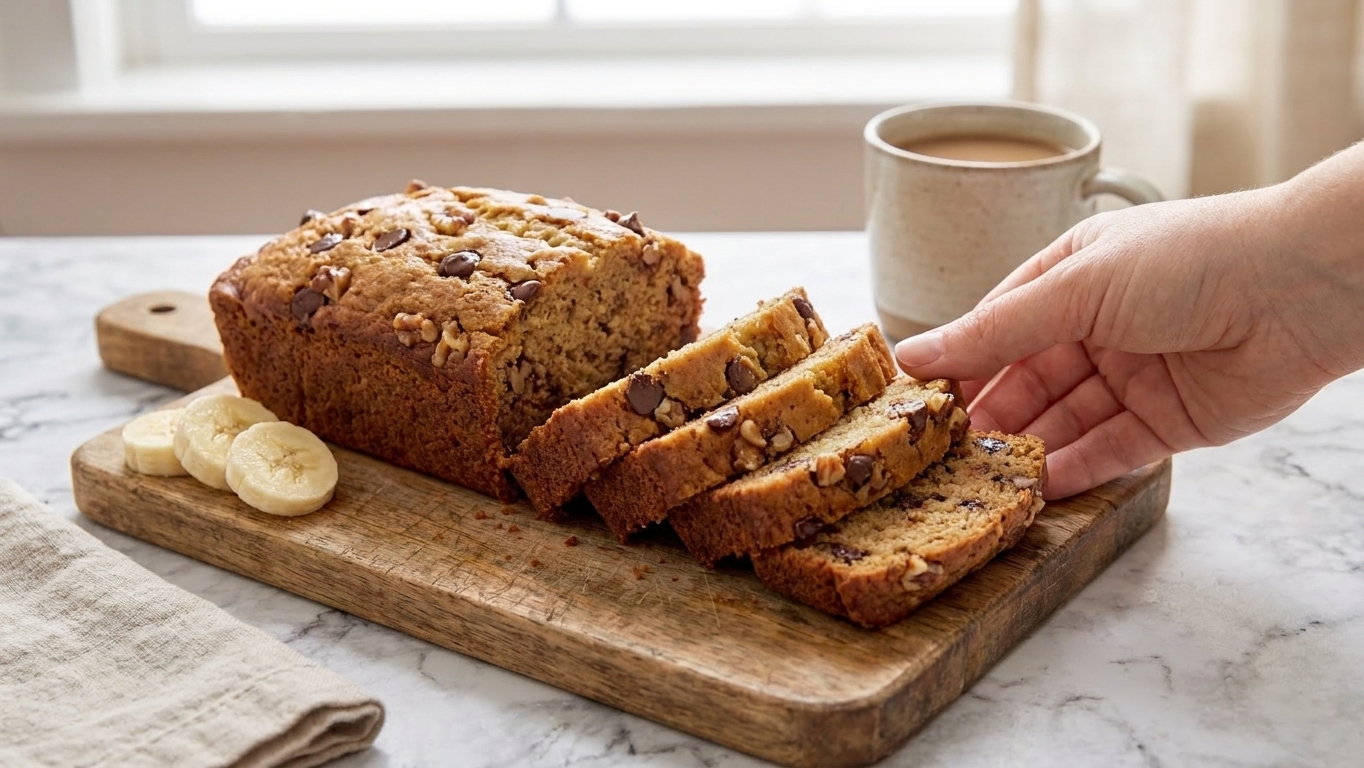 A sliced loaf of vegan banana bread on a wooden cutting board with a few banana slices nearby on a kitchen counter