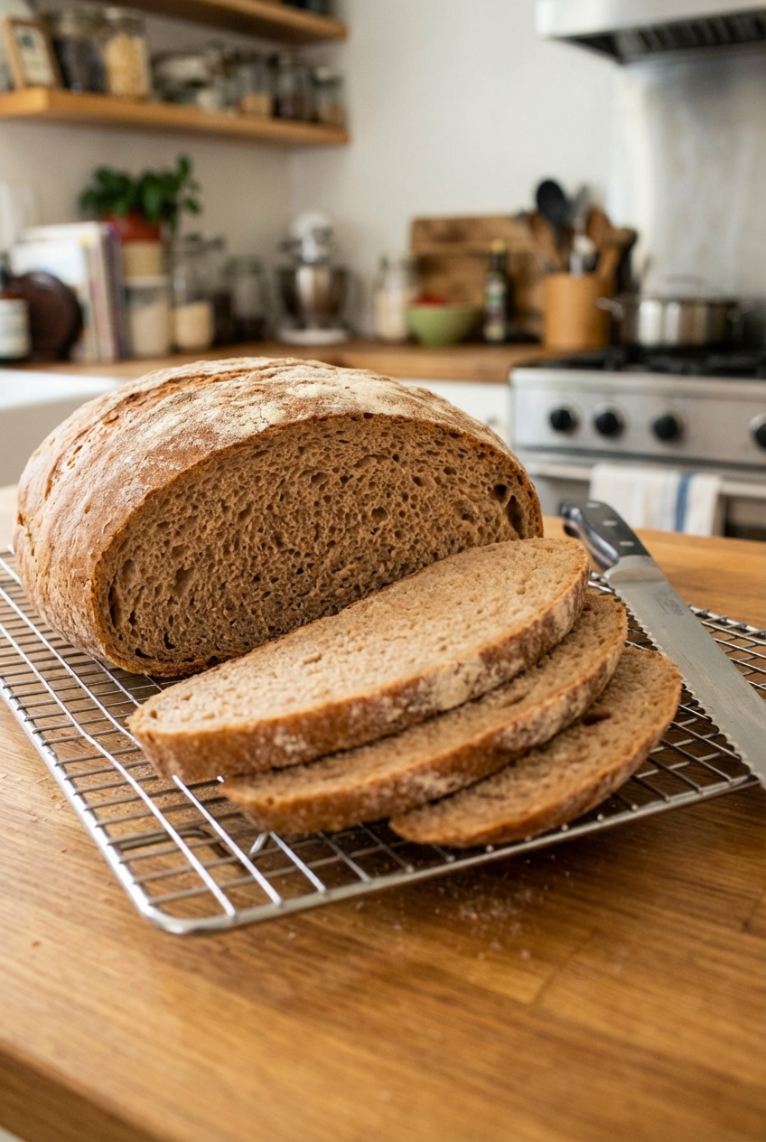 A sliced loaf showing a soft brown crumb and a lightly browned crust on a cooling rack