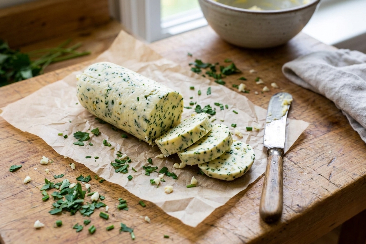 A sliced log of garlic herb compound butter on parchment with a butter knife and scattered chopped herbs on a light kitchen counter