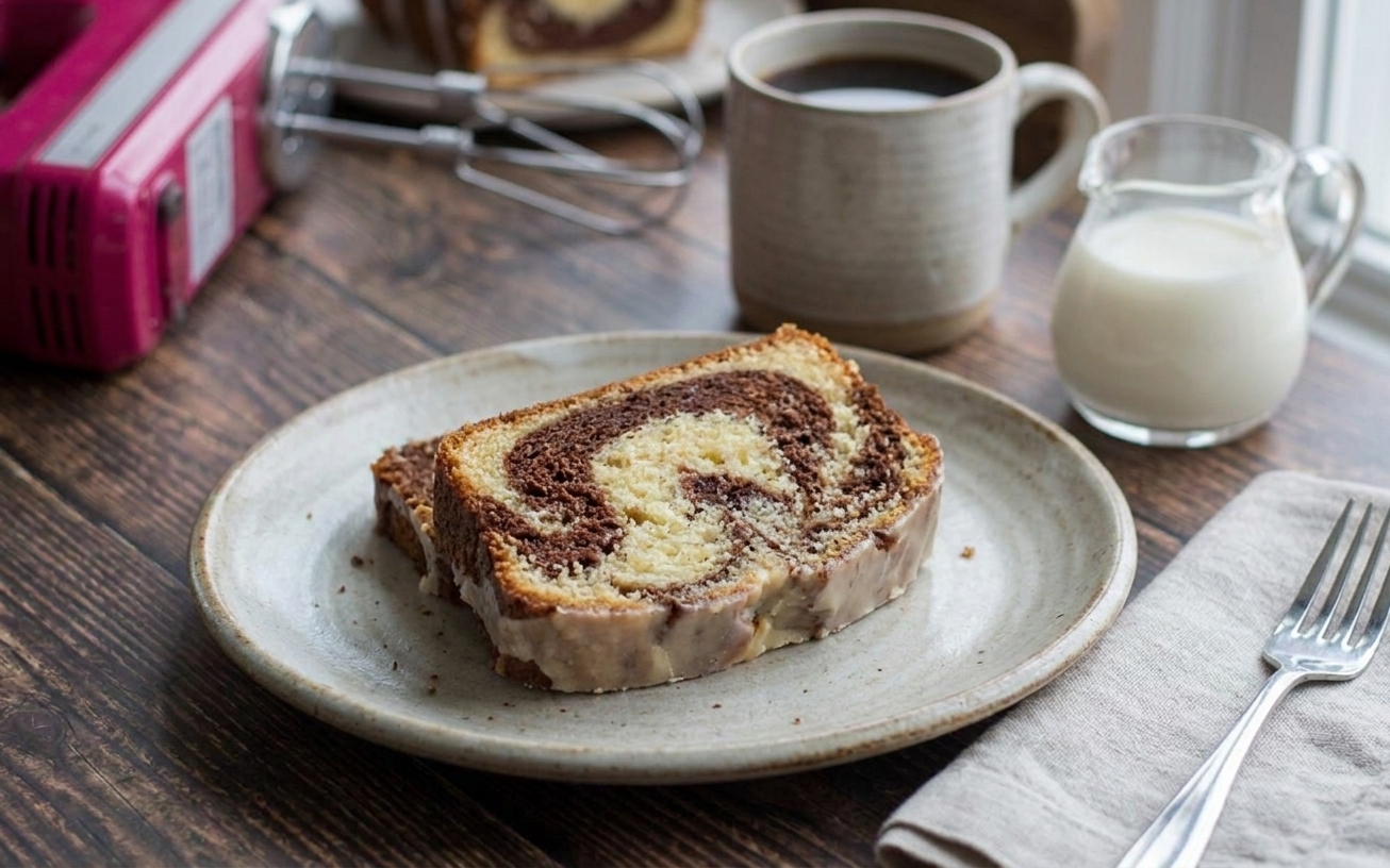 A sliced marble loaf cake showing distinct vanilla and chocolate swirls on a light stoneware plate on a warm kitchen table