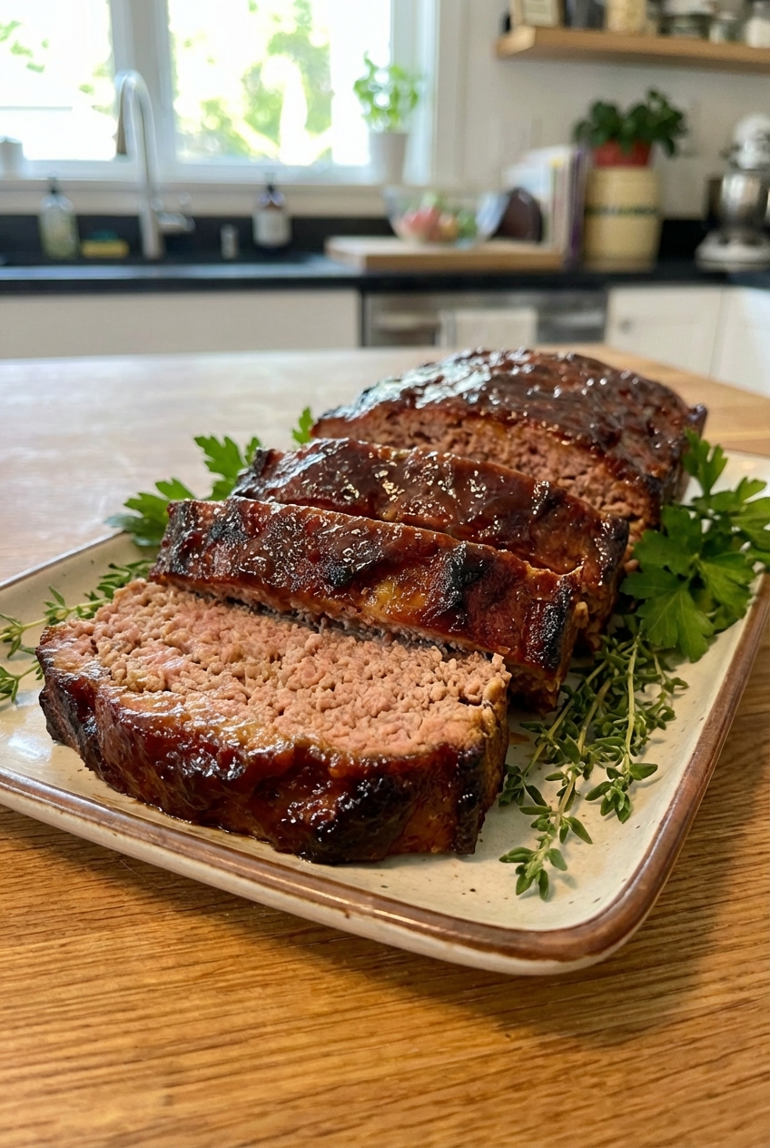 A sliced meatloaf on a platter showing a juicy interior with browned edges and a glossy glaze