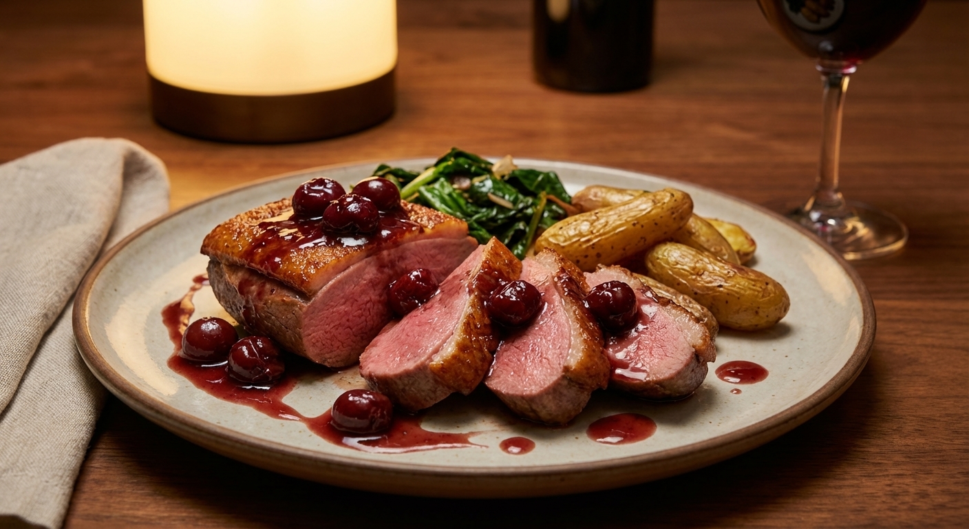 A sliced, medium-rare pan-seared duck breast with crackly crisp skin on a plate, topped with a glossy cherry-port sauce, warm dinner lighting, real food photography