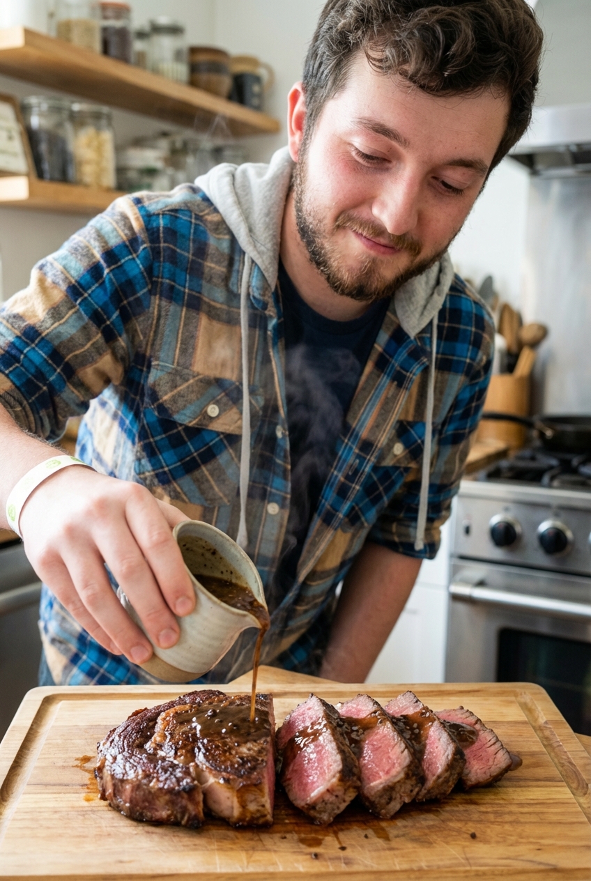 A sliced medium-rare ribeye on a cutting board with a small pitcher of glossy peppercorn pan sauce being poured over the steak