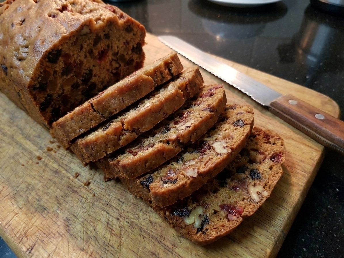 A sliced old-fashioned fruitcake loaf on a wooden cutting board with visible candied citrus, raisins, and nuts, warm kitchen lighting