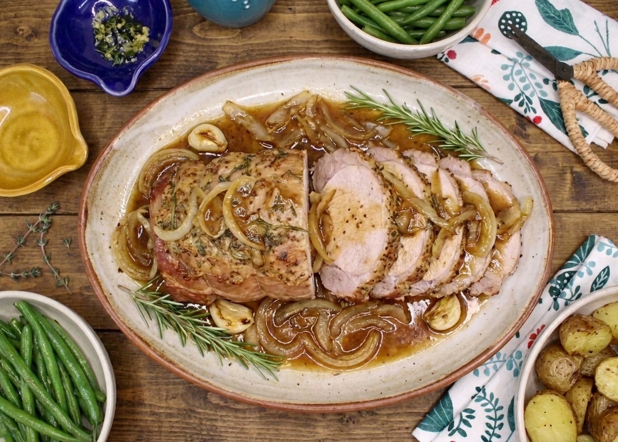 A sliced oven baked pork roast with a golden herb crust on a platter, pan juices pooled beside it, served on a rustic wooden table with simple weeknight sides