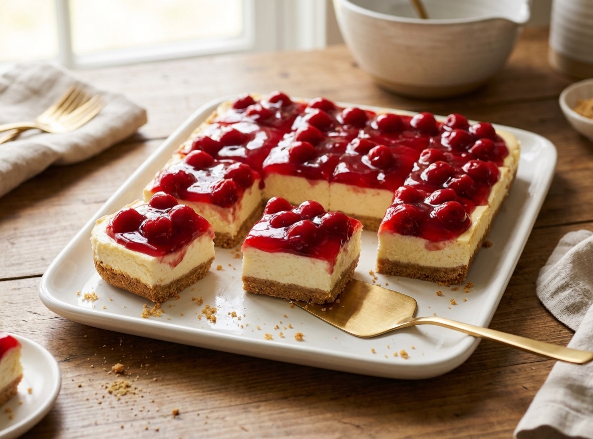 A sliced pan of cherry delight bars with a graham cracker crust, creamy cheesecake layer, and glossy cherry topping on a white platter on a kitchen table