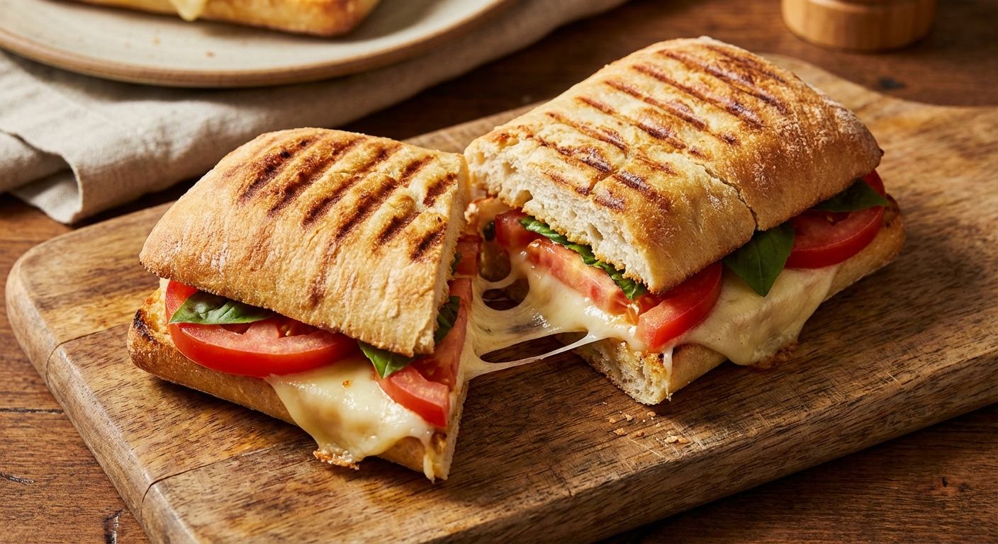 A sliced panini showing melted cheese and tomato layers with crisp browned bread