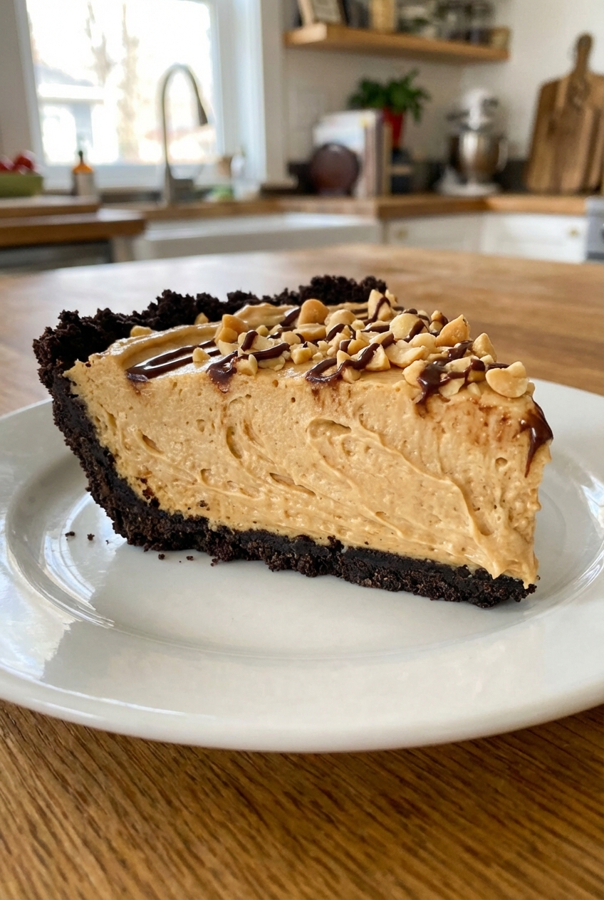 A sliced peanut butter pie on a plate showing a creamy filling and dark cookie crust
