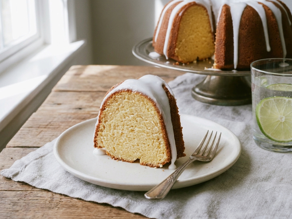 A sliced piece of 7UP pound cake on a plate with glossy lemon-lime glaze, set on a simple table setting