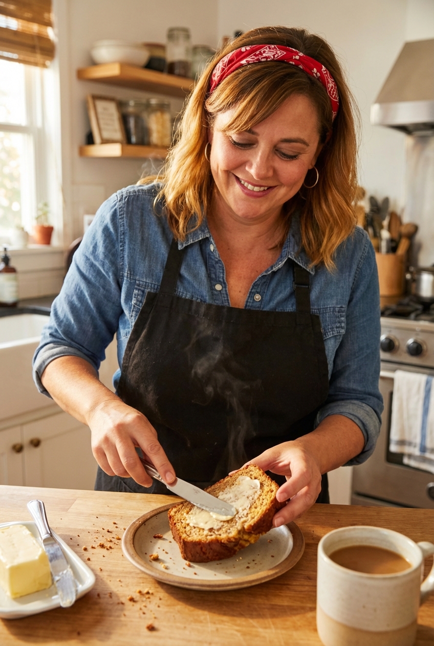 A sliced piece of banana bread being toasted and spread with butter on a small plate in a cozy kitchen setting