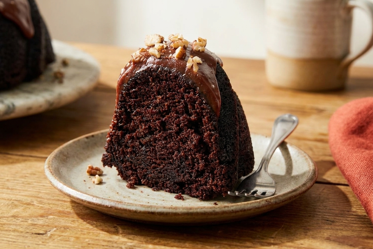 A sliced piece of moist chocolate bundt cake on a small plate with glossy ganache on top, set on a simple kitchen table
