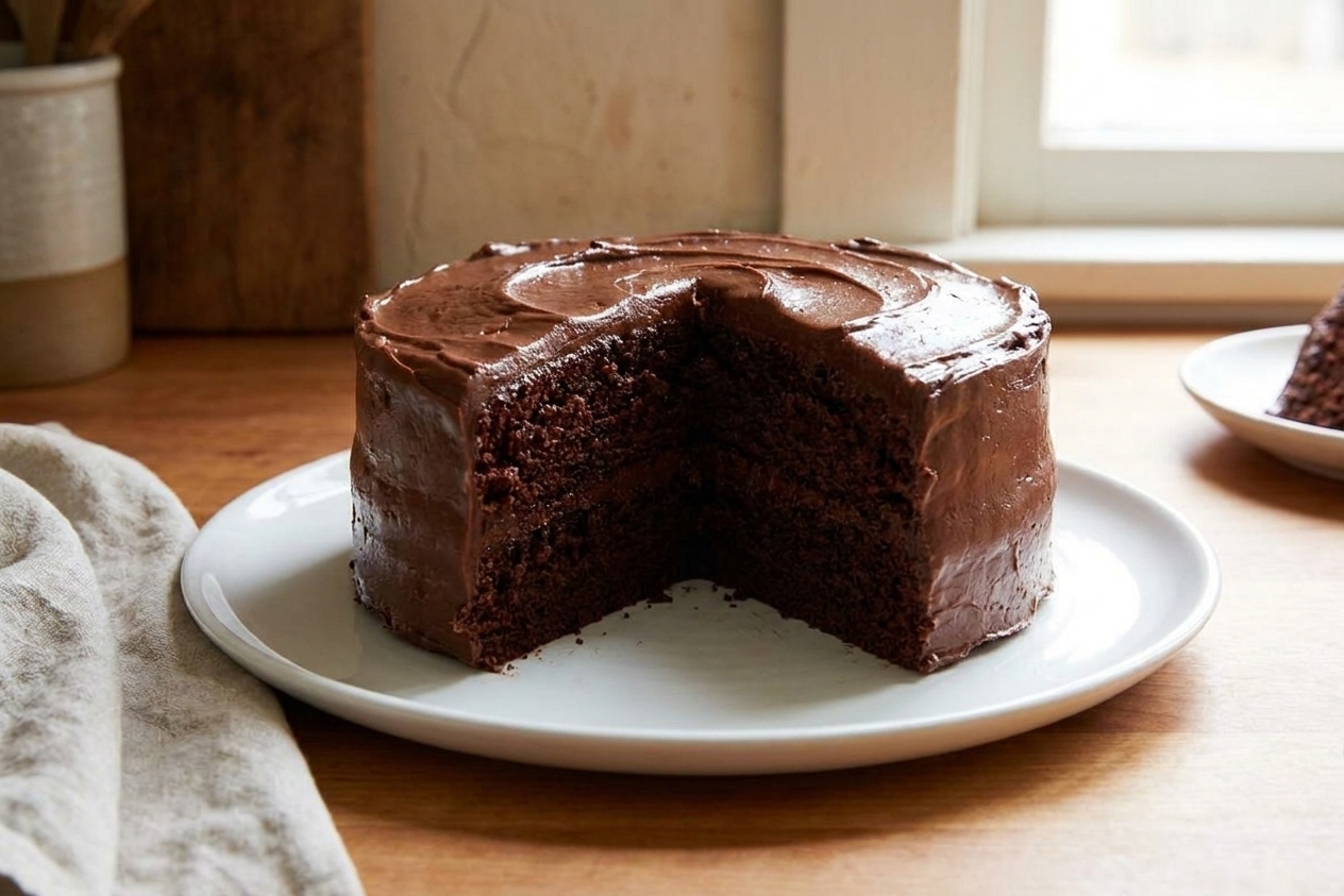 A sliced piece removed from a frosted chocolate layer cake showing moist dark crumb and thick chocolate frosting on a white plate