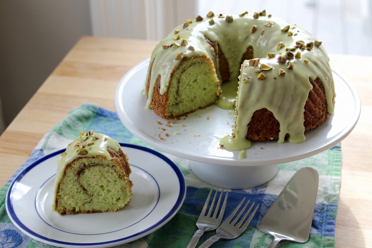 A sliced pistachio bundt cake on a white cake stand with a glossy pale-green glaze dripping down the sides on a bright kitchen counter