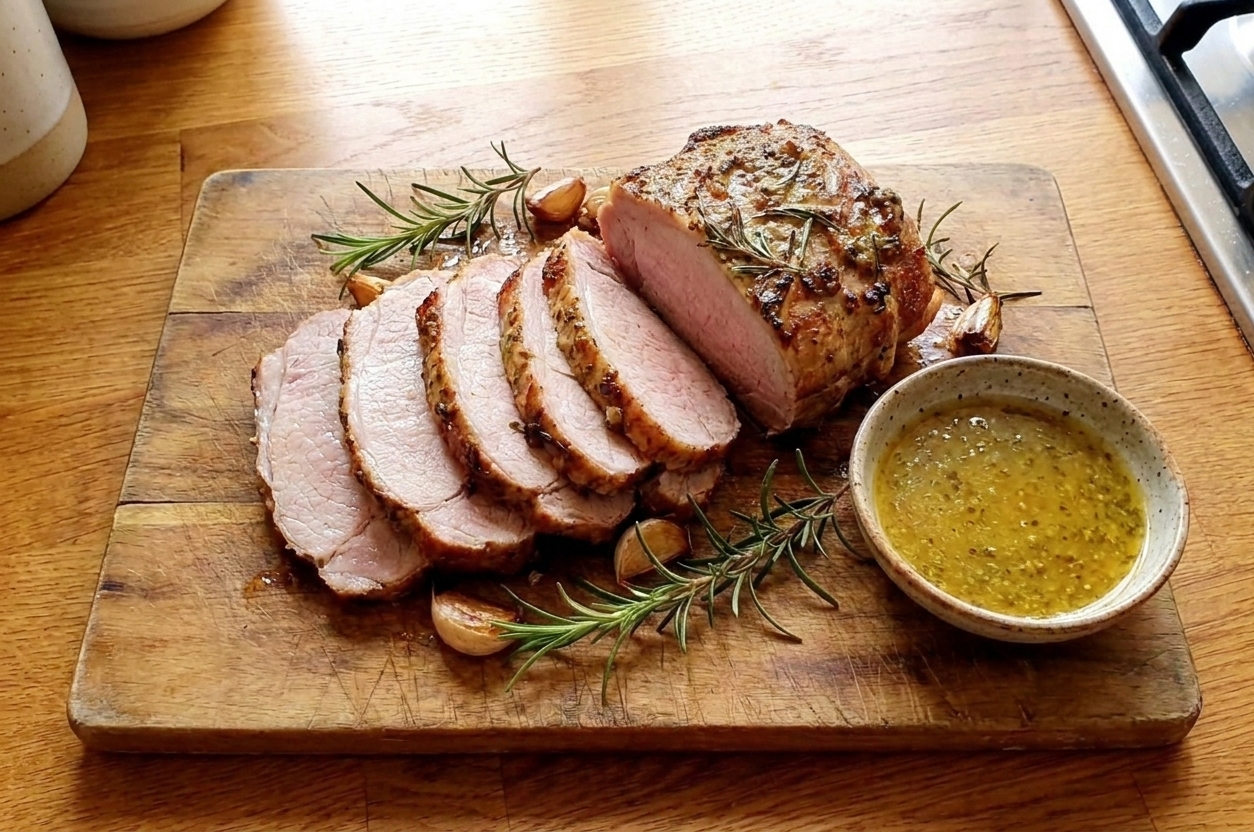 A sliced pork sirloin roast on a cutting board with crisp browned edges, rosemary sprigs, and a small bowl of pan sauce on a warm kitchen counter