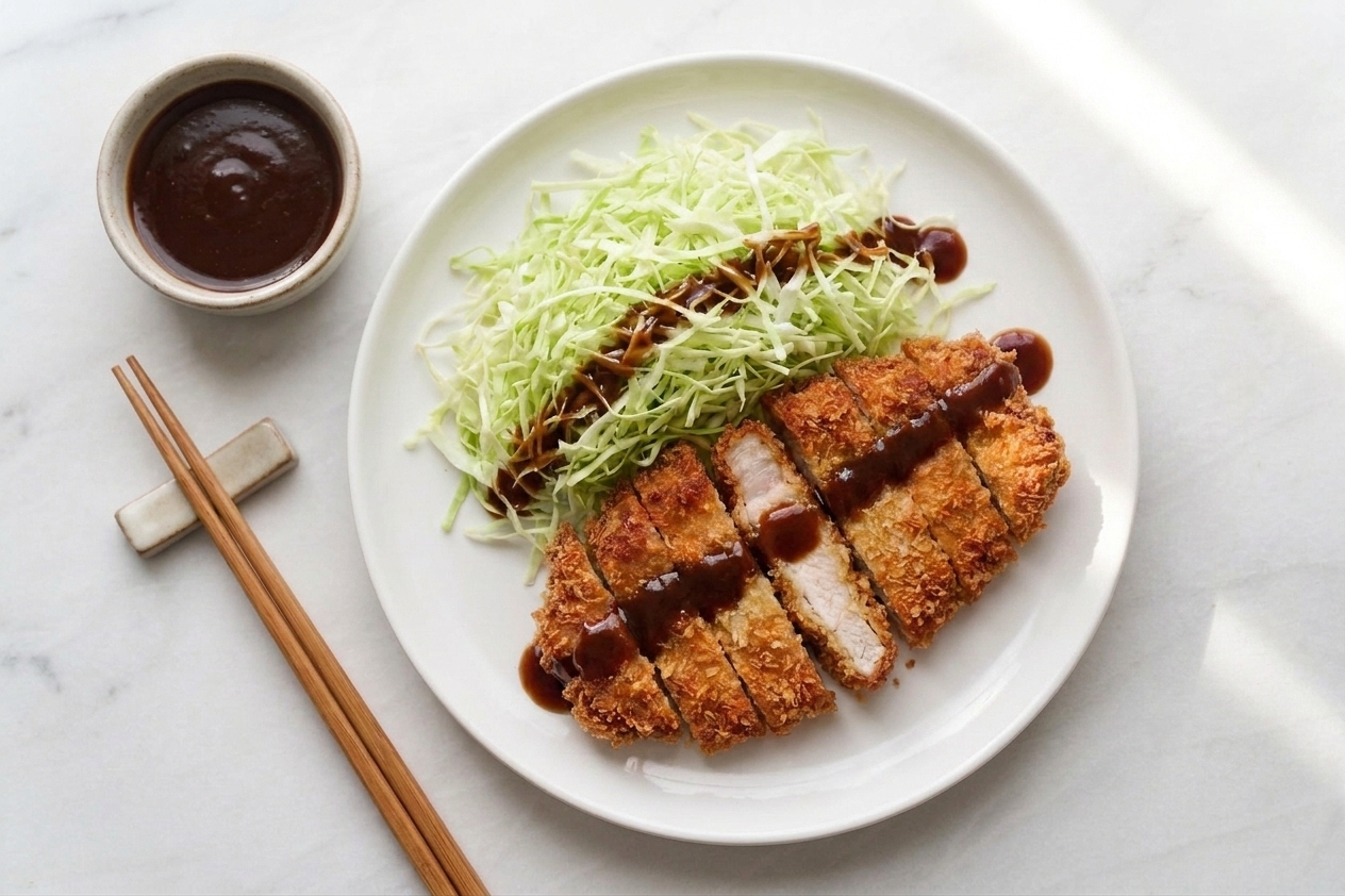 A sliced pork tonkatsu cutlet on a plate with shredded cabbage and a glossy drizzle of katsu sauce, warm kitchen lighting