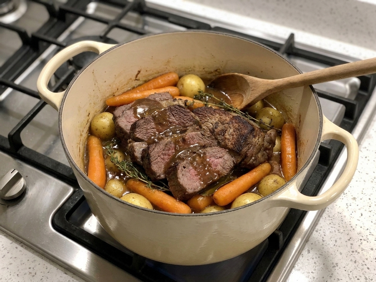 A sliced pot roast resting in a Dutch oven with glossy brown gravy, carrots, and baby potatoes on a warm kitchen stove
