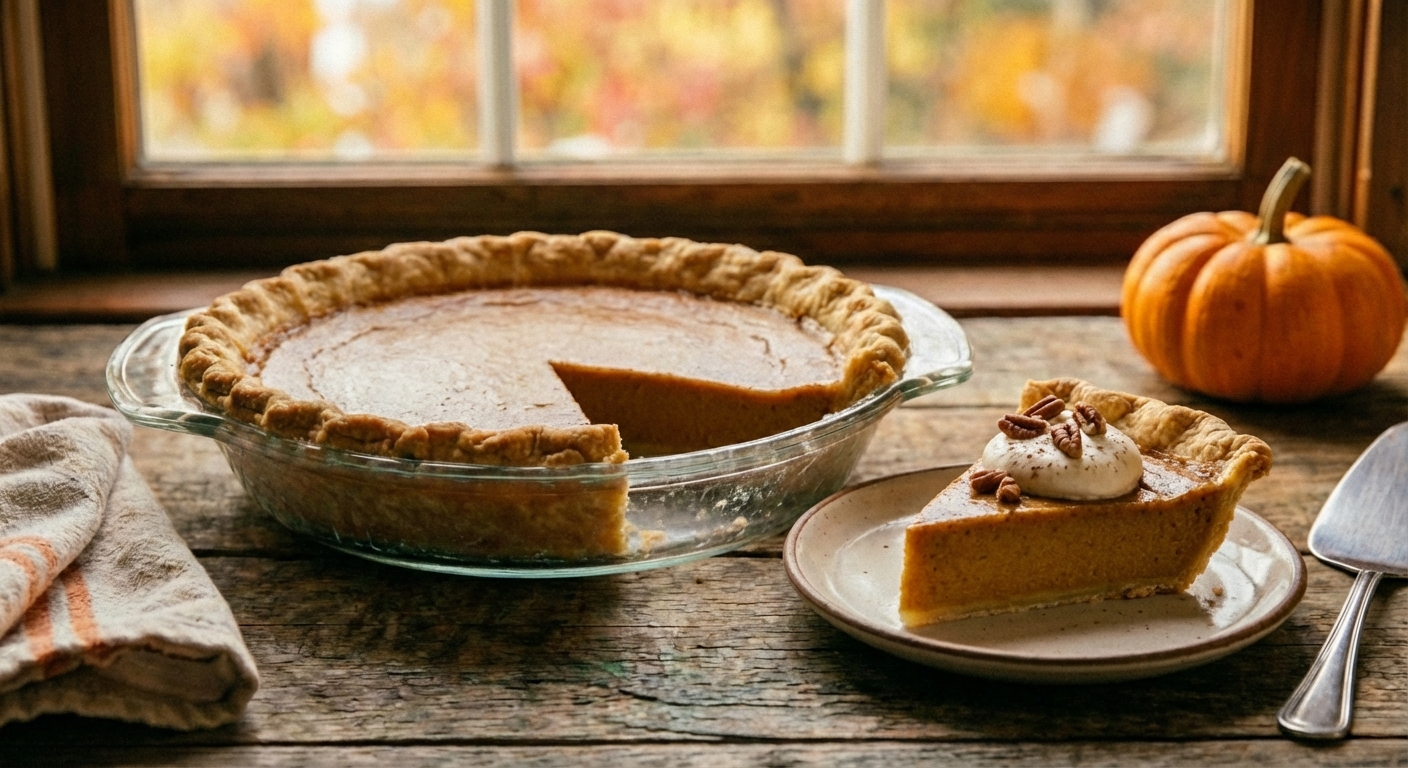 A sliced pumpkin pie showing a smooth custardy filling and flaky crust