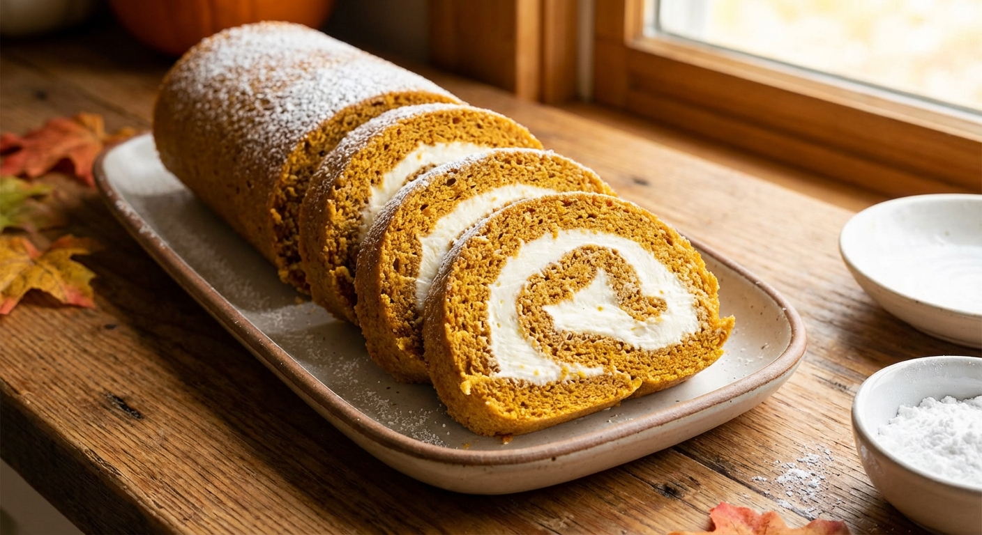 A sliced pumpkin roll on a serving platter with a visible cream cheese swirl and a light dusting of powdered sugar