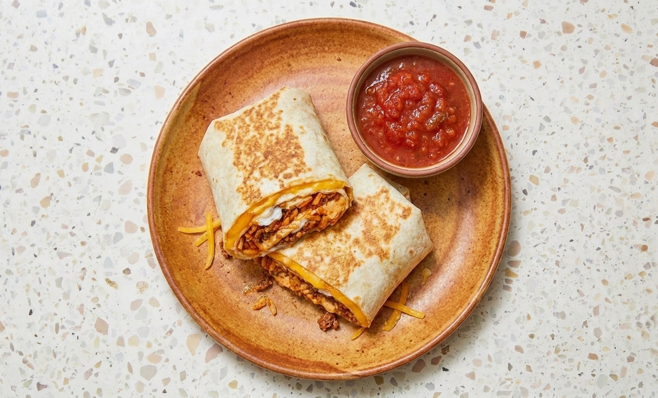 A sliced quesarito showing layers of seasoned beef, rice, and melted cheese on a plate with a small bowl of salsa beside it